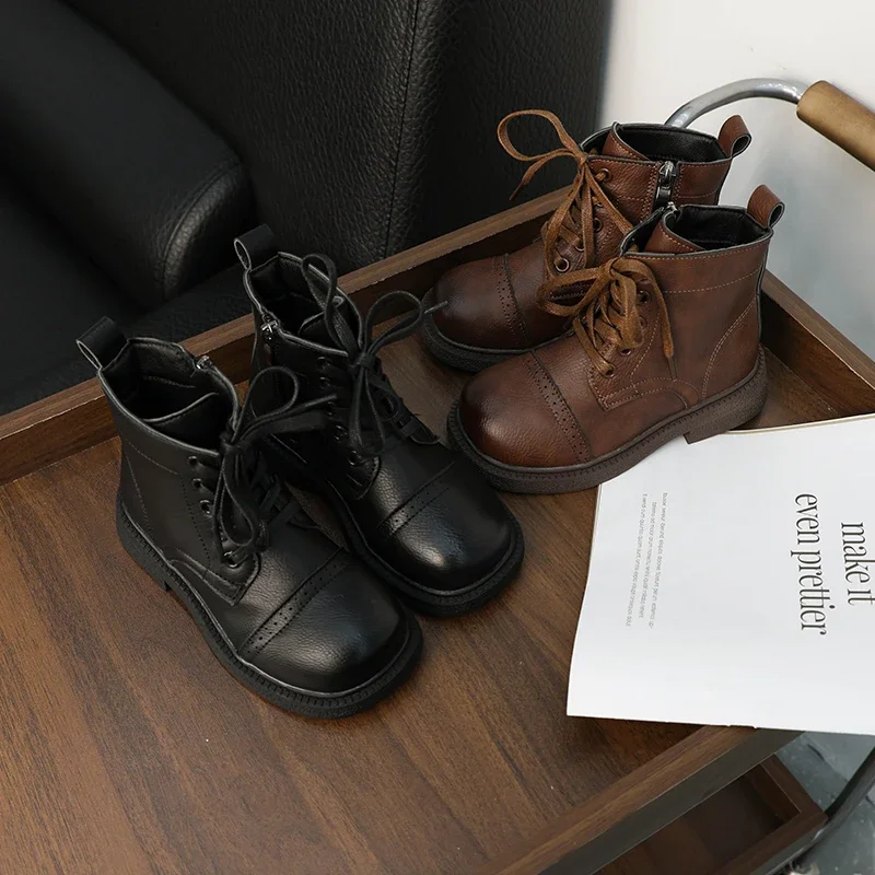 Children's Ankle Boots Wide Version Leather Casual Shoes Non-slip Cow Tendon Bottom zipper Boot For Boys Girls casual shoes children boots