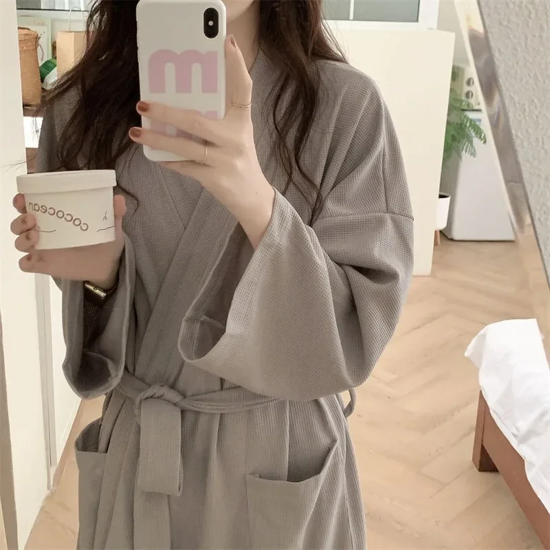 Solid Color Robe Pajamas Women's Spring and Fall New Fashion Simple Loose Sleepwear Bathrobe Nightgown Leisure Home Wear New