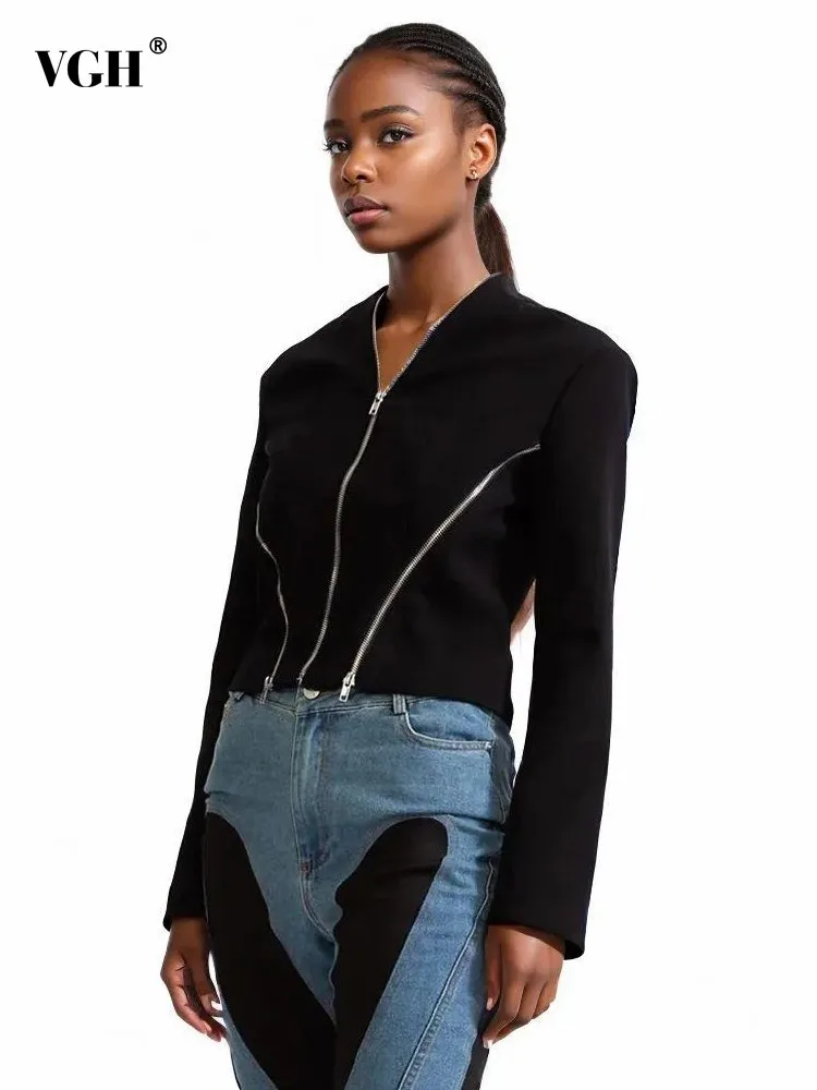 

VGH minimalist solid patchwork Zipper short blazers for women v neck long sleeve Temperament slimming blazer female fashion new