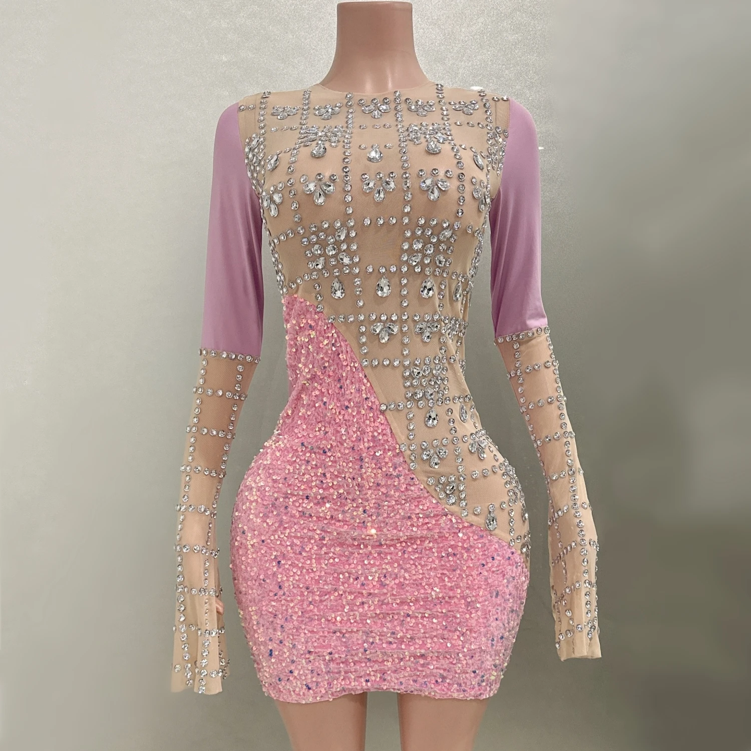 

Облегающее мини-платье с длинным рукавом и блестящими стразами, женское вечернее платье на день рождения, костюм для выступления