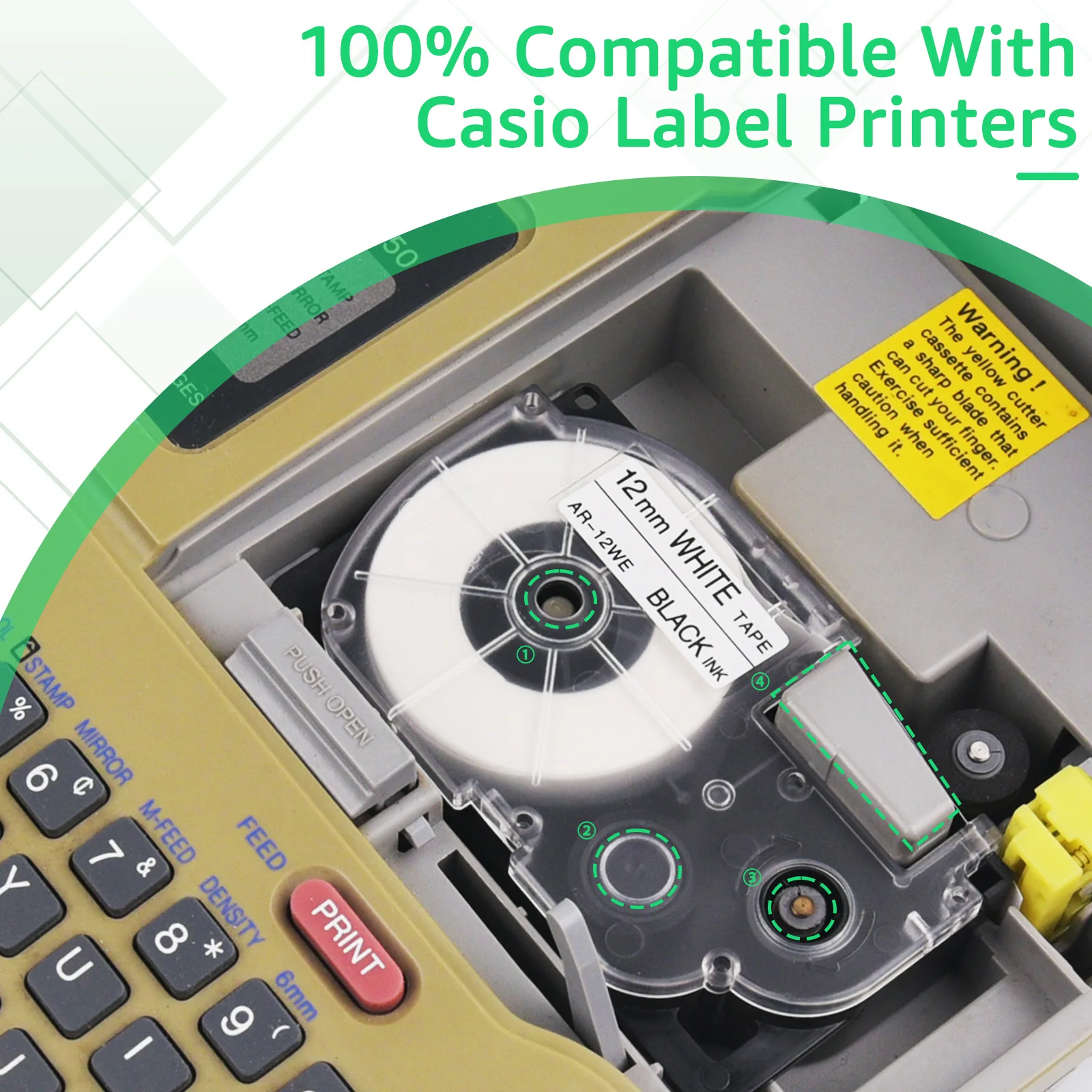 XR-12X XR-12WE 라벨 카트리지, CASIO KL-130 KL-120 430 라벨 메이커 프린터용, 9mm, 12mm, 18mm, 24mm, 5PK