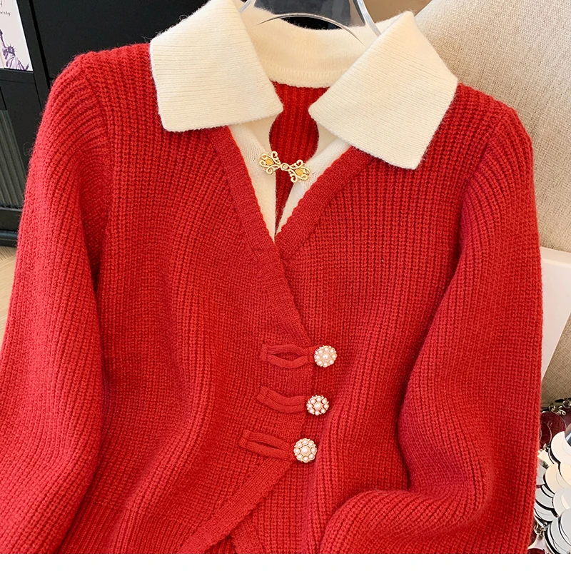 New 2025 Autumn Winter Design Splicing Slim Women Knitted Cardigan Sweater Jacket Fashion Fake Two Items Loose Ladies Top 5