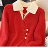 New 2025 Autumn Winter Design Splicing Slim Women Knitted Cardigan Sweater Jacket Fashion Fake Two Items Loose Ladies Top 5