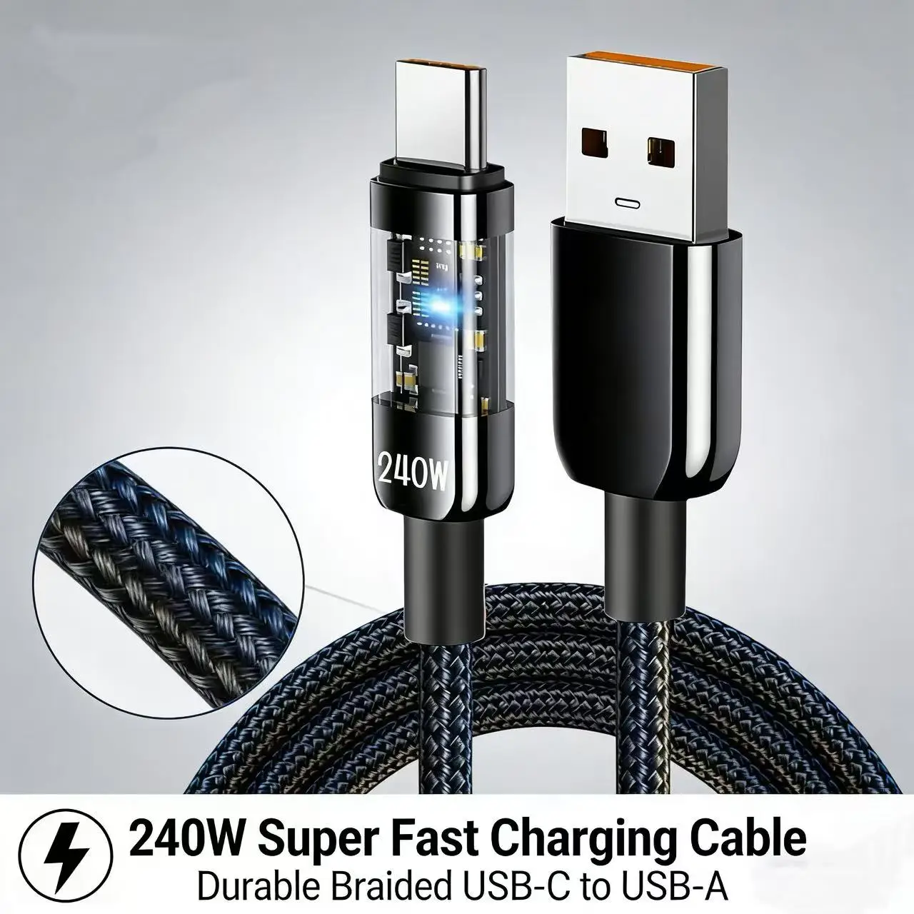 High-Speed 240W Transparent Nylon Braided USB-C Charging Cables (2-Pack)