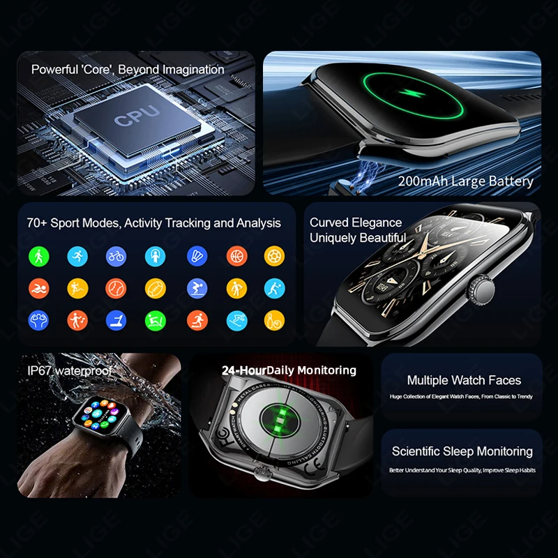 LIGE Ultra-slim AMOLED Smart Watch 1.96" Curved Display Always Show Time Men Voice Call Health Monitor Watches Ladies For Huawei