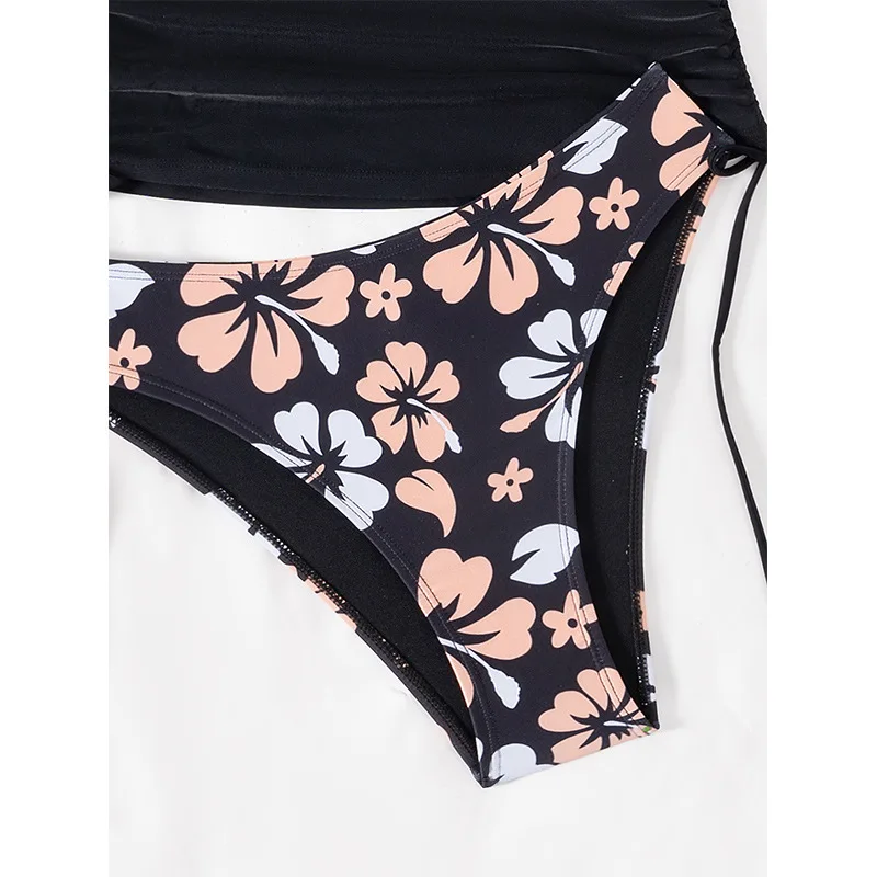 Floral Print 2 Piece Bathing Suit Black Bikini Top Flower Bottom Two Pieceswimsuit Set Female Beach Wear For Summer Vocation