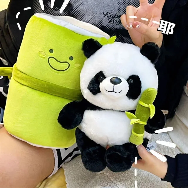 2023 Creative Bamboo Tube Panda Plush Doll Holding Bamboo Panda Transformed into Plush Toy Girls Kids Birthday Christmas Gifts