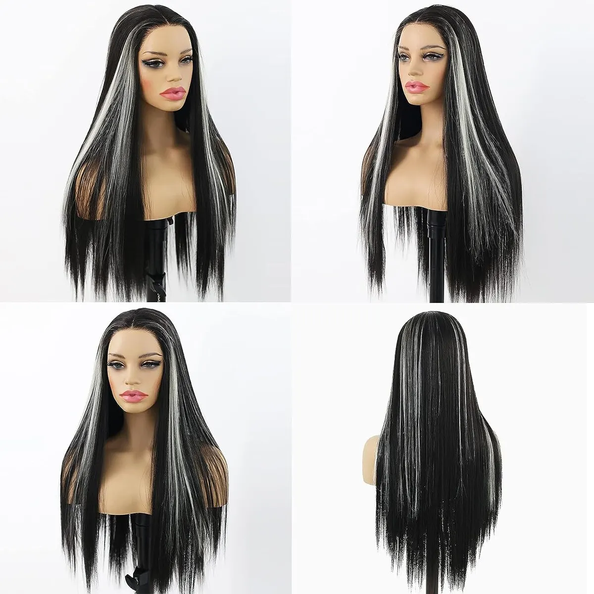 Highlights White Black Lace Front Wig Glueless Long Straight Synthetic Wigs Pre Plucked with Baby Hair Heat Resistant Fiber