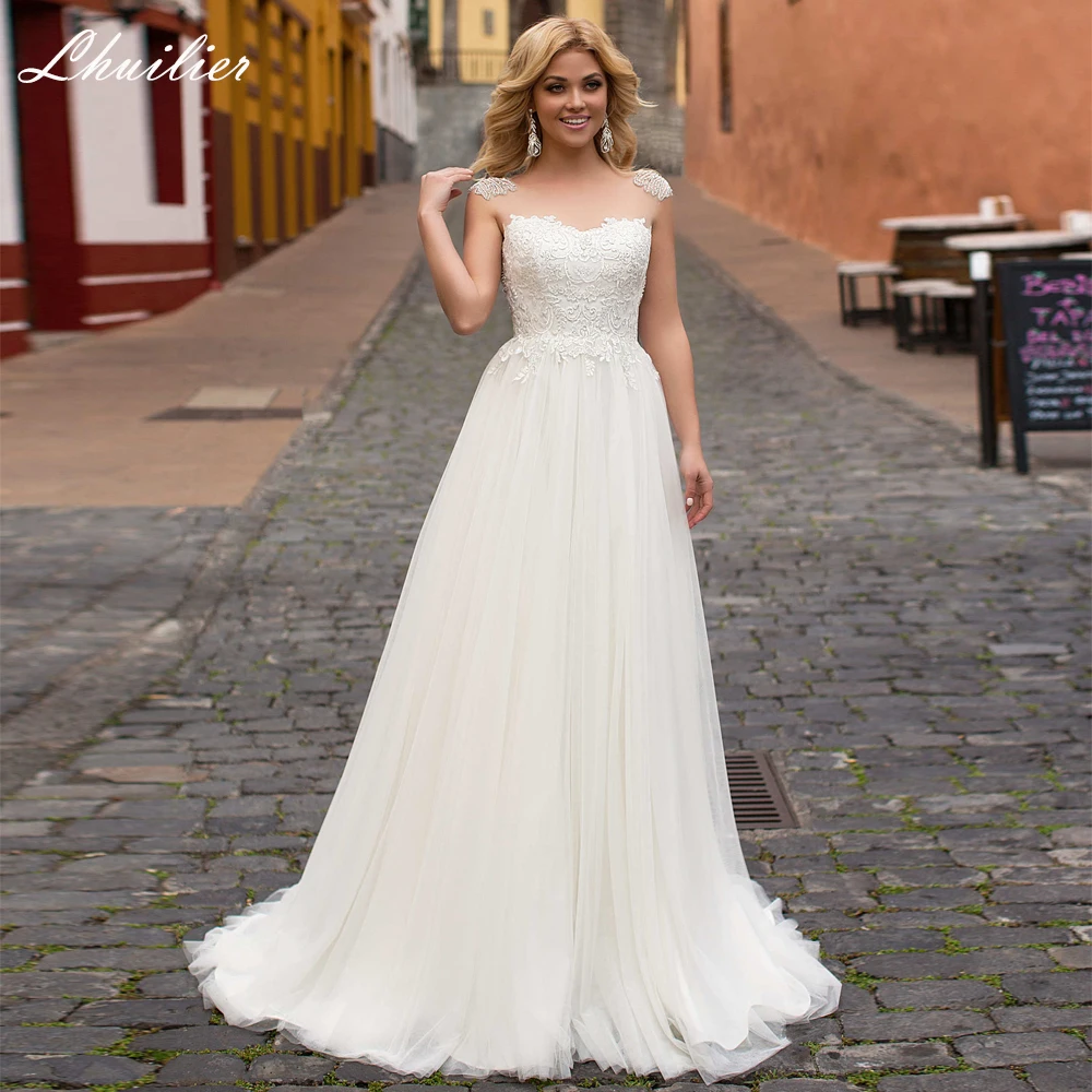 

Lhuilier Women's A Line Tulle Wedding Dresses Scoop Neck Beaded Cap Sleeves Floor Length Bridal Gowns with Sheer Back