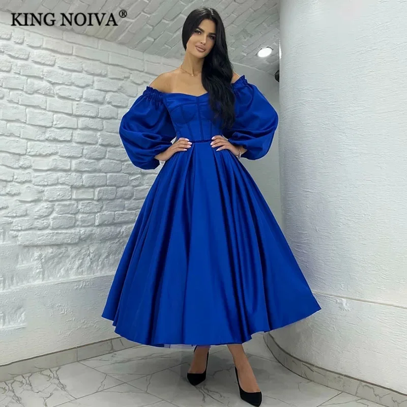 

KINGe Elegant Long Sleeves A-Line Evening Dresses 2024 Off The Shoulder Satin Ankle Length Simple Prom Dress vestidos de noche