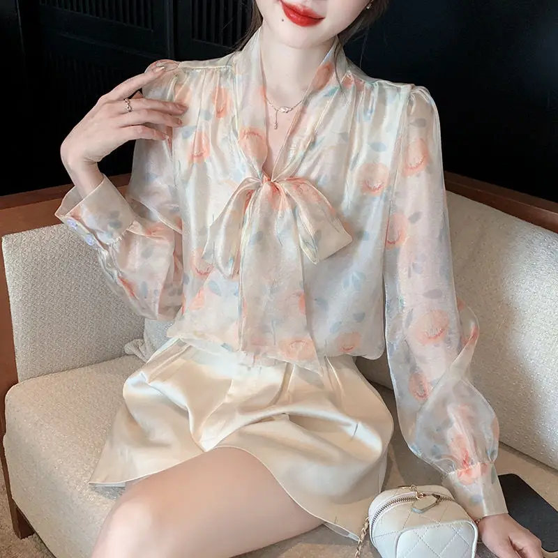 여성용 긴팔 쉬폰 프린팅 셔츠, 얇은 레이싱 언더코트 상의, 우아한 오피스 레이디 스위트 블라우스, 용수철 가을, 2024 신상