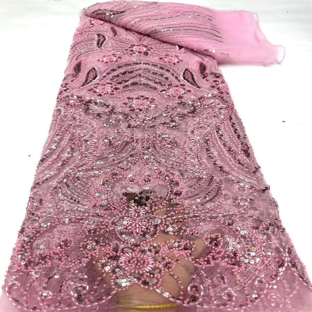 

New 5 Yards Tulle Net African Laces Fabric Beaded Lace 2024 High Quality Nigeria Sequins Fabric for Wedding Evening Dress Sewing