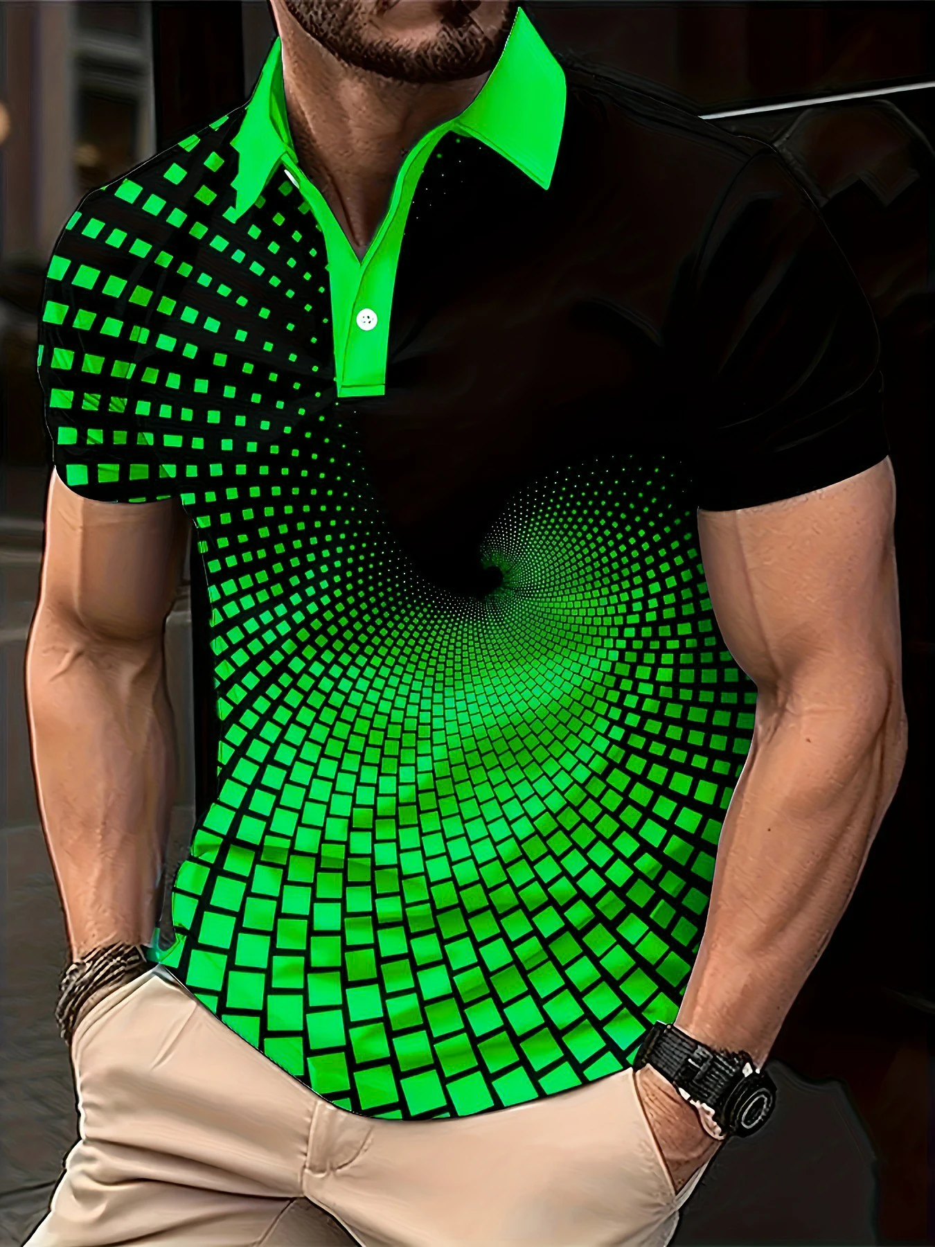 Men’s 3D Electronic Data Pattern Polo Shirt | Abstract Tech Print Short Sleeve Streetwear Fashion Summer Tee 3