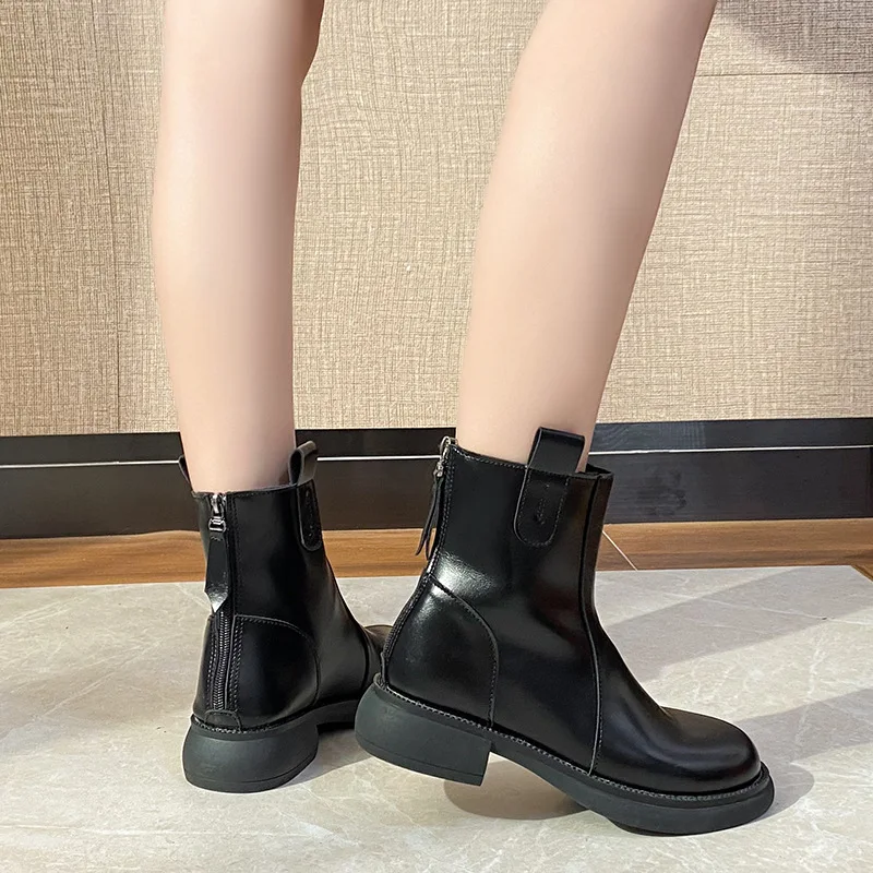 Women's Thick Sole Short Boots British Style Round Head Solid Colour Platform Boots Back Zip Non-slip Shoes Botas Para Mujeres