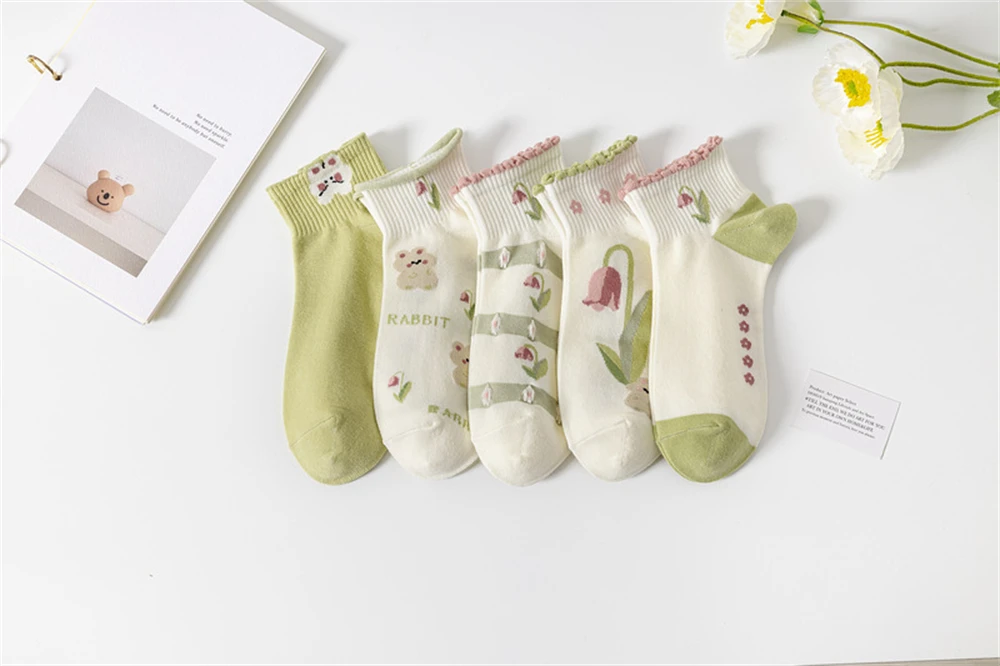 Neue Damen-Sommer-Fruchtsocken, grün, frisch, niedliches Kaninchen, Blume, gekräuselter Rand, künstlerisch, Dropship – Detail 16