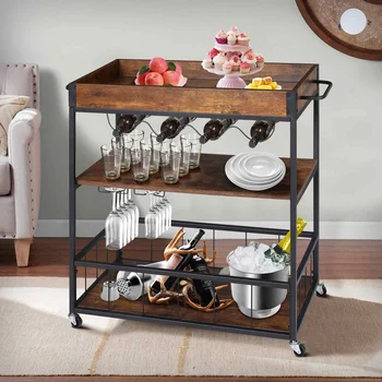3-Shelf Retro Utility Wooden&Metal Cart with Wheels-225 Lbs Maximum Capacity with Wine Rack
