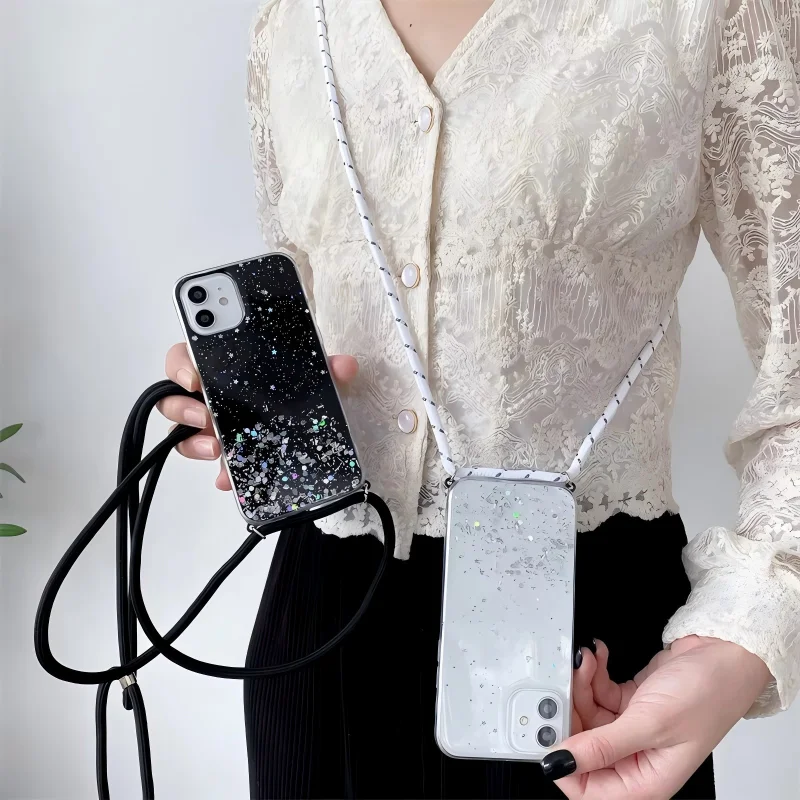 Glitter Crossbody Lanyard Neck Strap Clear Phone Case Cover