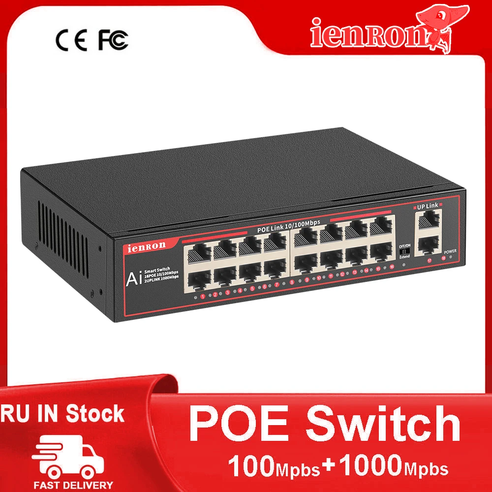 Ienron-poe Switch Gigabit de 18 Portas 100mbps 1000mbps 802.2.3 af at Ethernet de Rede para Câmera ip ap sem Fio Nrv