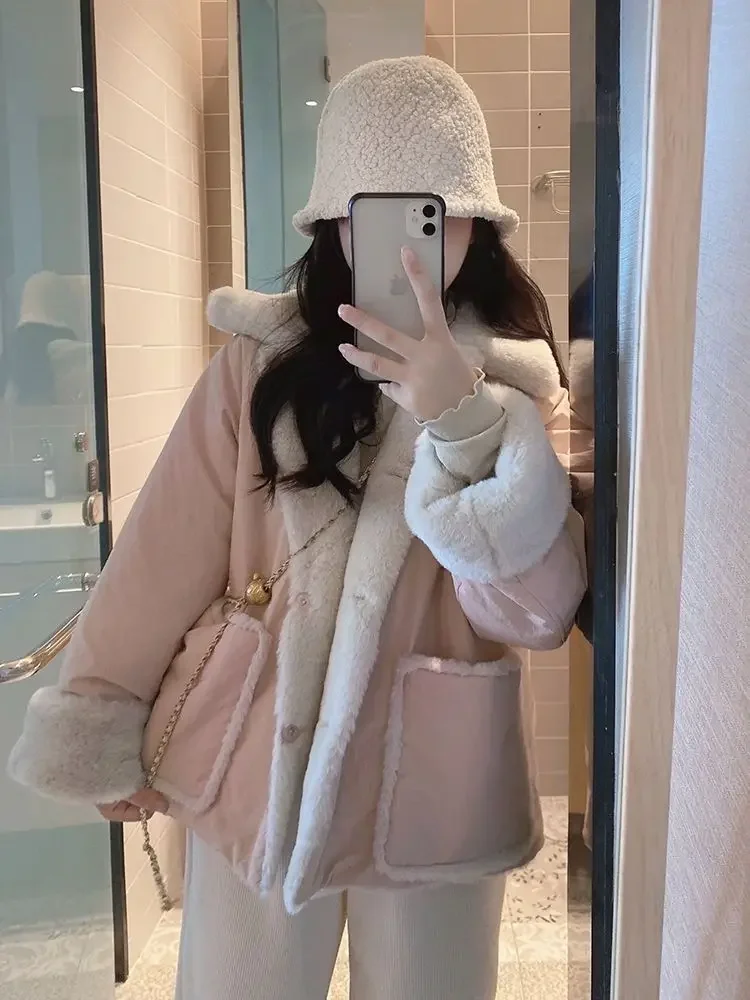 Lamb velvet cotton coat for women 2023 new winter Korean version loose plus velvet thickened double-sided cotton coat for women