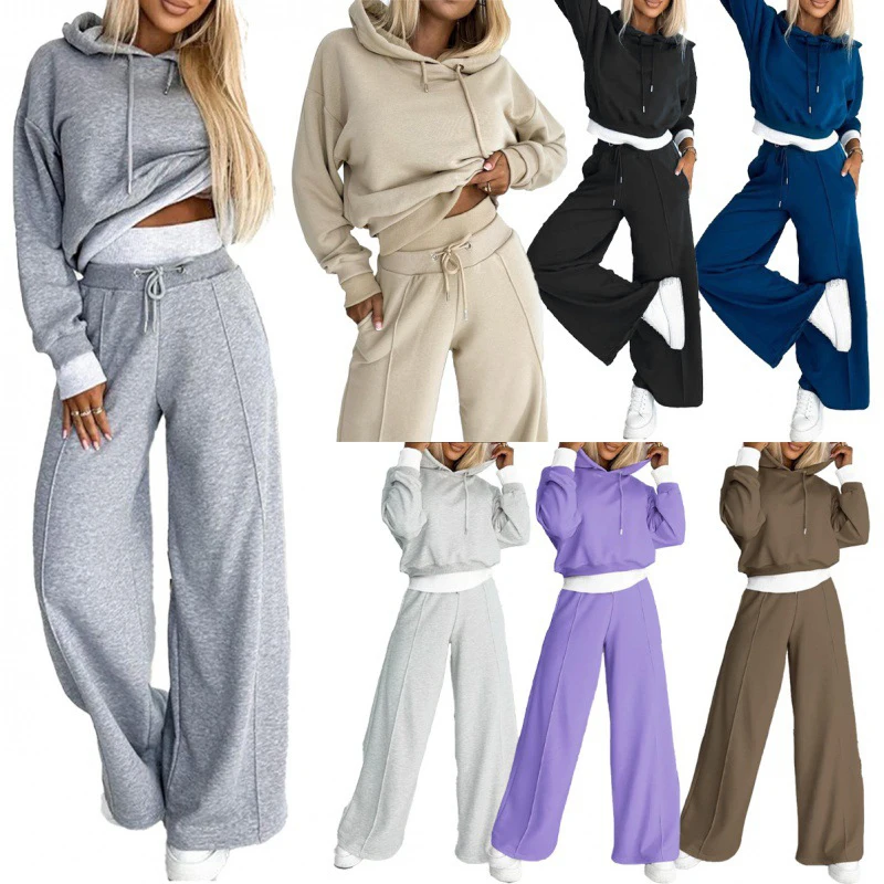 

Women's 2024 Autumn/Winter New Style Splicing Popular Hooded Sweater Two Piece Set Solid Color Loose Clothes Drawsting Pants