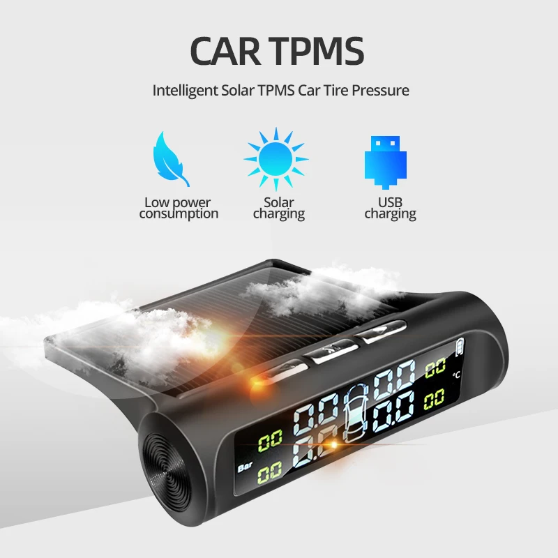 Car Tire Pressure Monitor Smart TPMS Car Tire Pressure Alarm Monitor System 4 Sensors Display Solar Intelligent Tyre Pressure Temperature Warning