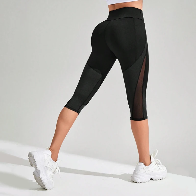 Mesh High Waist Yoga Pants Capri Leggings with Pockets for Women Tummy Control Workout Capri Leggings for Women sports leggings yoga pants