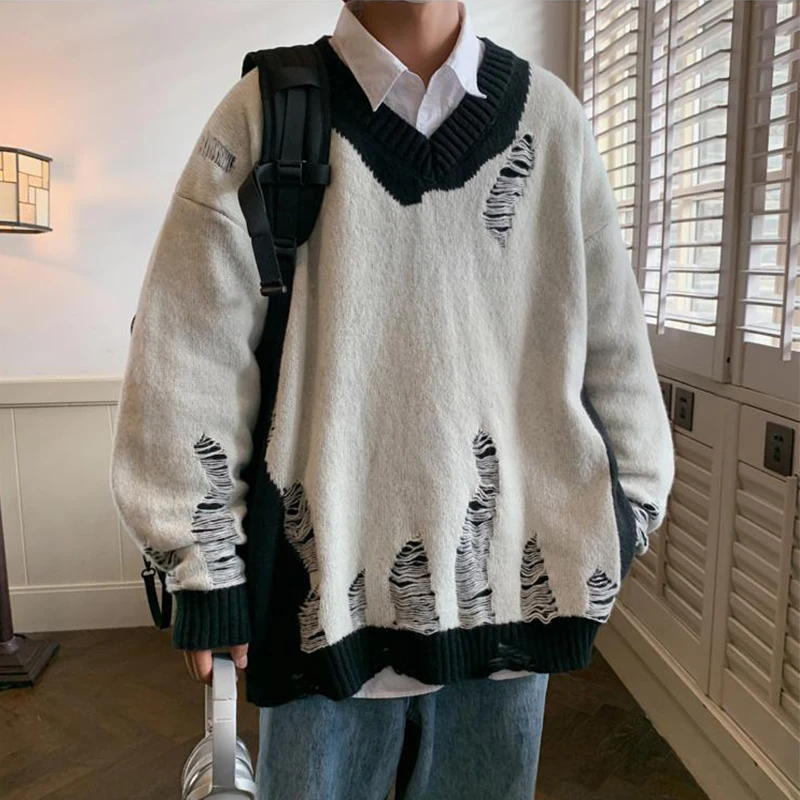 

Harajuku patchwork casual autumn and winter loose and warm torn pullover, unisex garbage street oversized knitted sweater