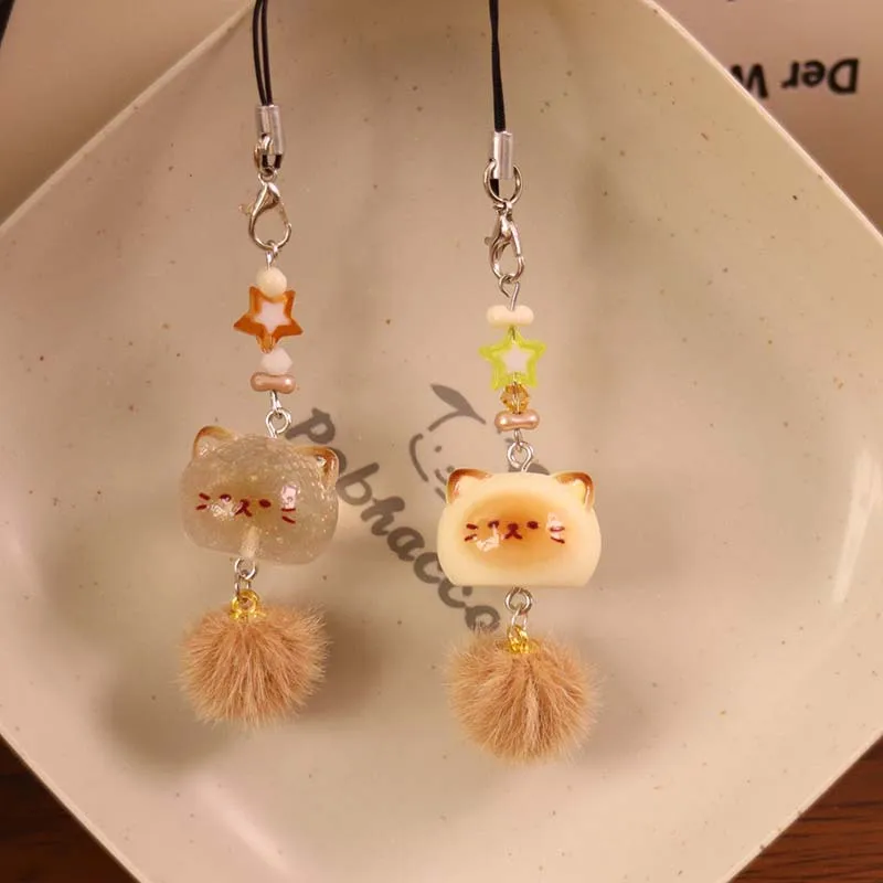 Adorable 3D Kitten Phone Charm with Fluffy Pompom Tail - Creative Cartoon Keychain Pendant