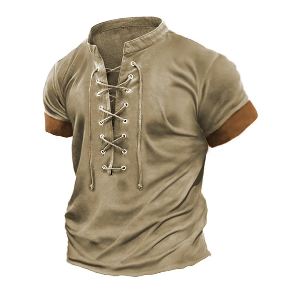 

Large Size Loose Workwear Tops 2024 Spring Summer Mens Fashion Retro Lace-Up Casual Color-Blocking Sports Short-Sleeved T-Shirt