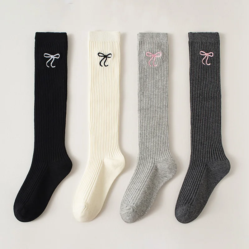 Spring Autumn JK Lolita Kids Girls Legging Stocking Simplicity Sweet Embroidery Bow Knee High Long Sock Soft Cotton School Socks