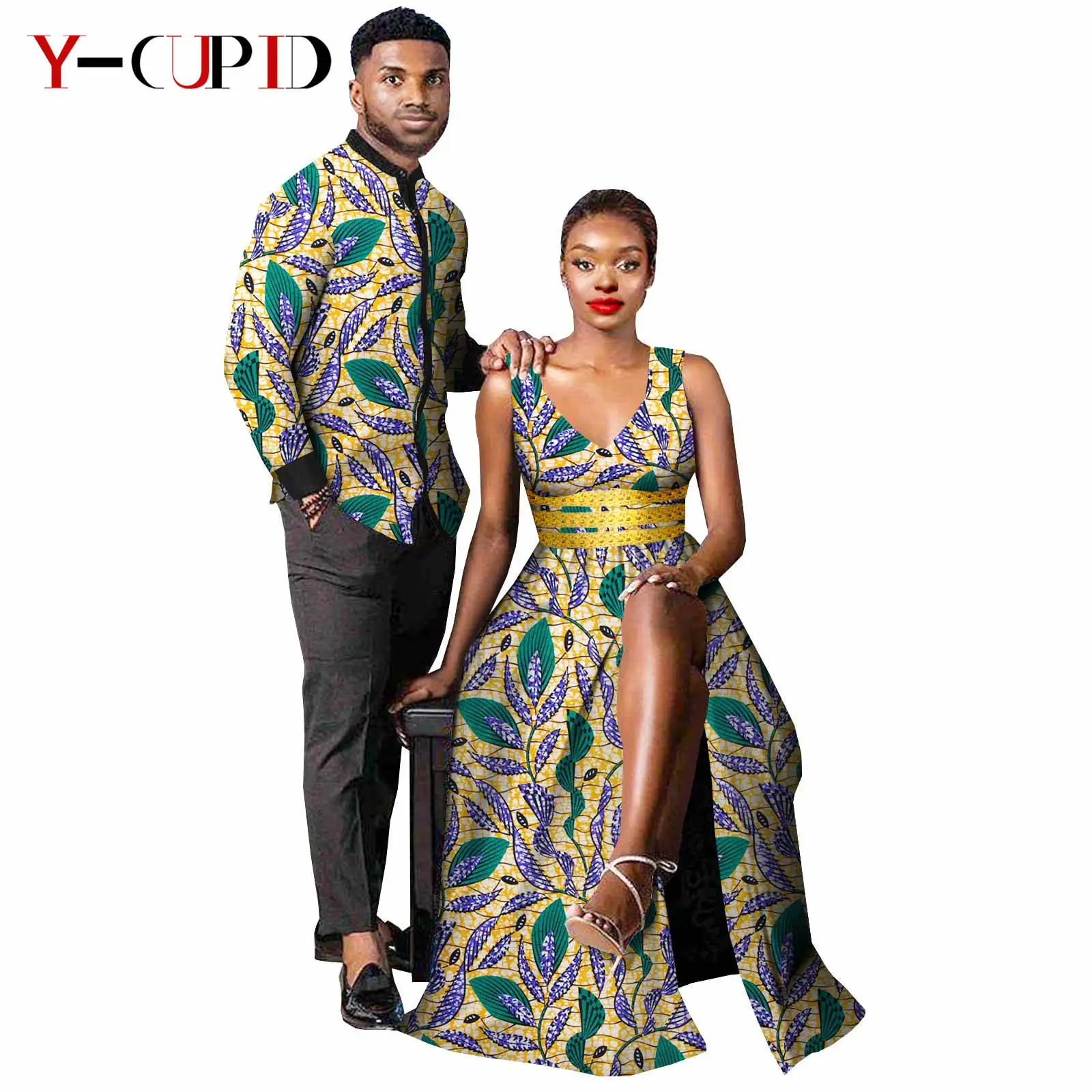 African Sexy Print V-neck Long Dresses for Women Matching