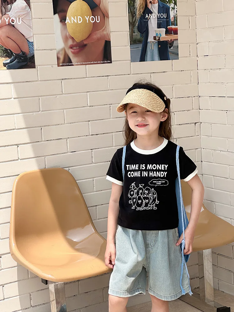 여아용 짧은 슬림핏 글자 티셔츠, 반팔 과일 상의, 패셔너블한 한국 스타일, 2024 여름 신상
