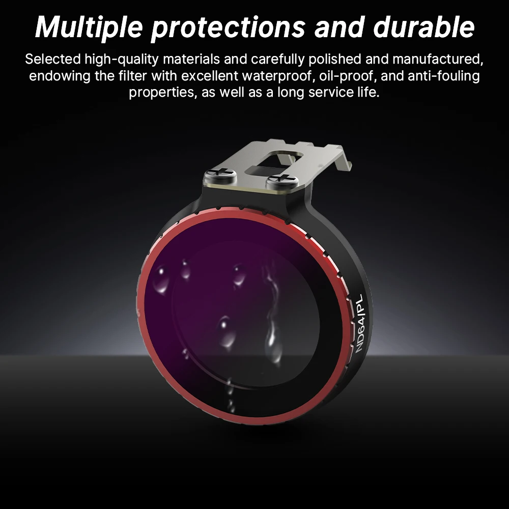 Filtre ND vissé sur l'objectif d'un DJI Drone, prêt à réduire la lumière pour des vidéos aériennes fluides.