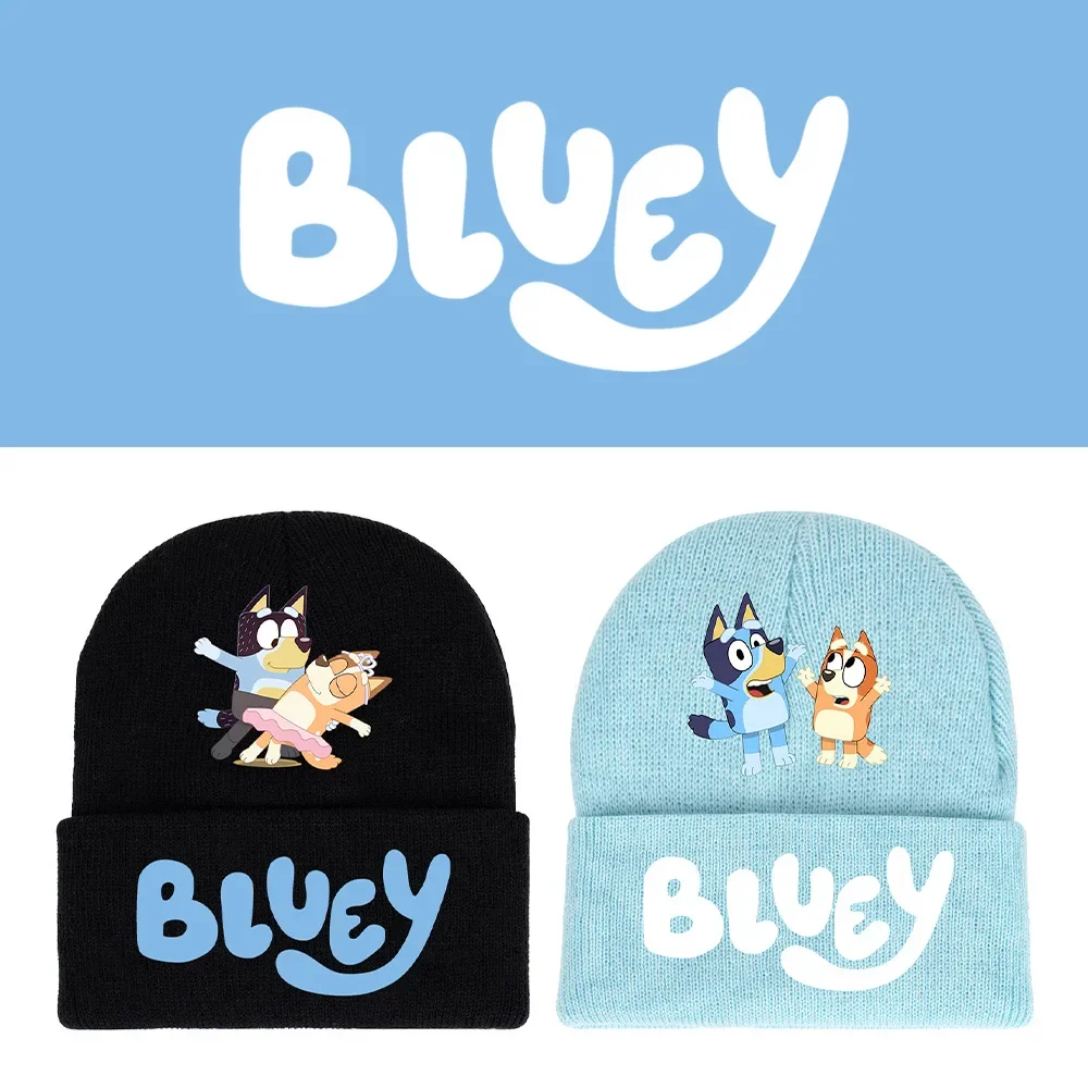 

Женская трикотажная шапка Bluey, голубая или черная однотонная шерстяная шапка с мультяшным принтом, сезон осень-зима
