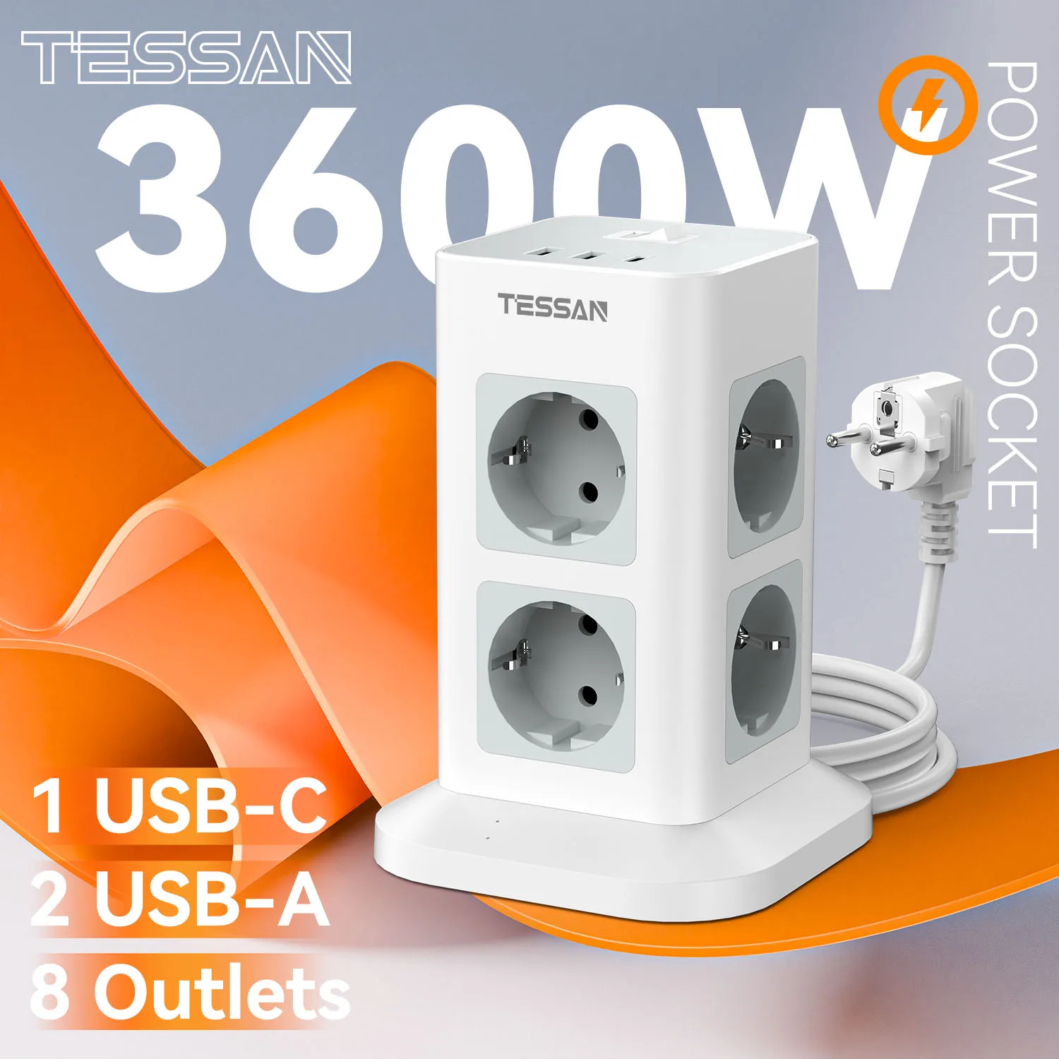 TESSAN Tower Power Strip Multi Outlets 2 USB + 1 ประเภท C 2M สาย EU Plug แนวตั้งไฟฟ้าซ็อกเก็ตป้องกันไฟกระชาก 1