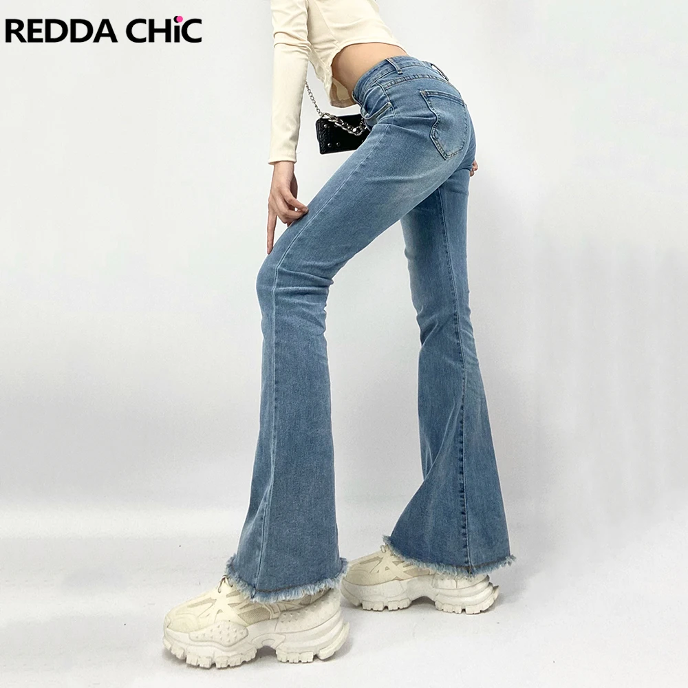 ReddaChic Stretchy Plain Flare Jeans for Women Denim Blue Bootcut