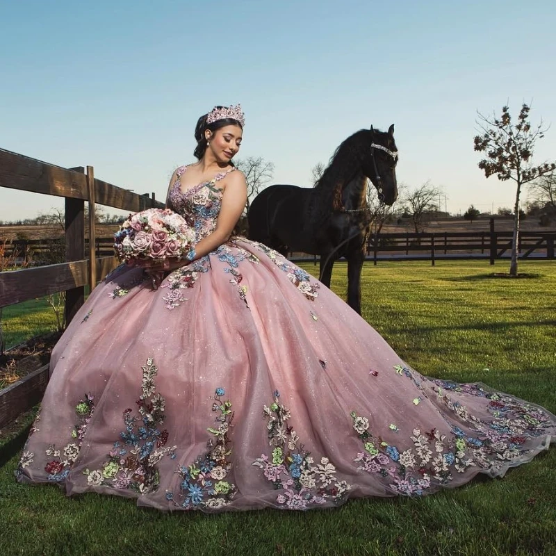 

Pink Shiny Quinceanera Dress Off Shoulder Corset Ball Gown Applique Lace Tull Sweet 16 Vestidos De 15 Años