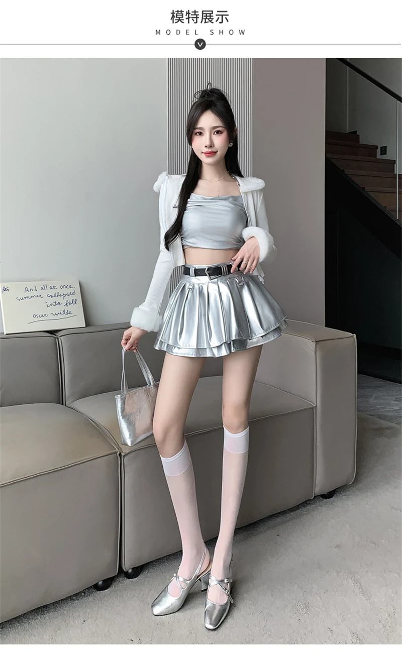 Women's A-line Silver Skirt Vintage 90s Aesthetic Y2k Mini Pleated