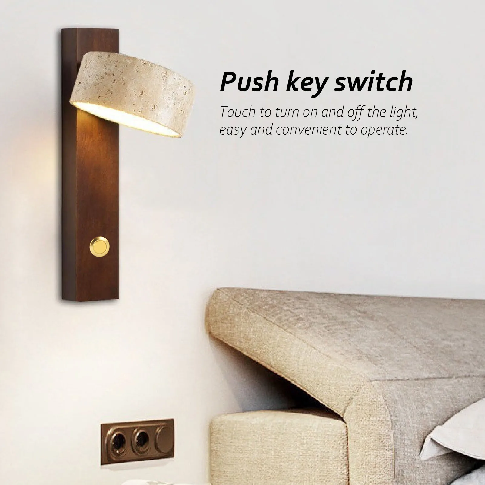 LED Wall Lamp Warm Light Rustic Industrial Wall Sconce Hardwired Press Key  Stone Wood Adjustable Angle for Bedside
