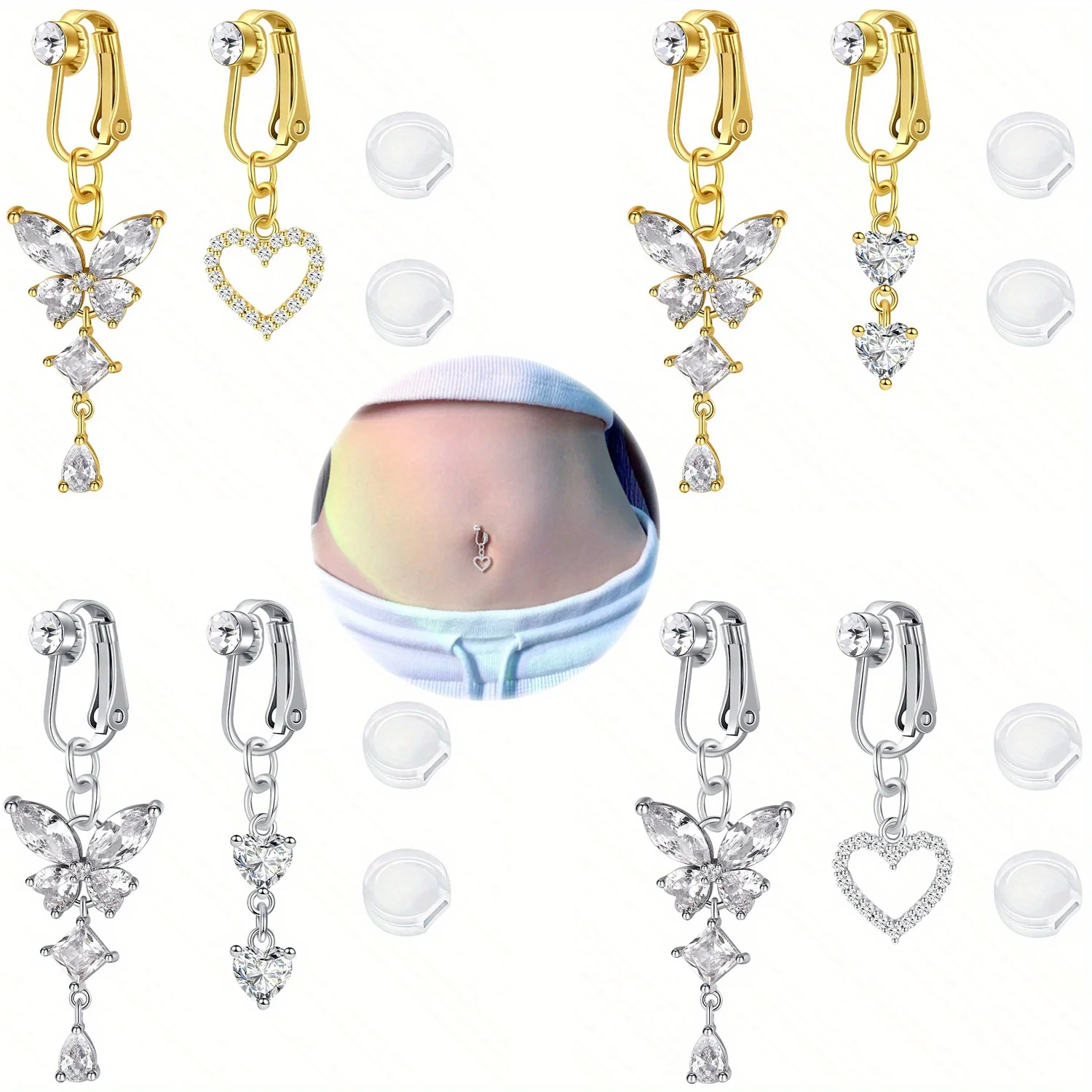 Evil Eye Flower Belly Button Jewelry 3 Pcs Fake Belly Button Rings - Clip On Non Piercing Navel Jewelry With Silicone Pad (Gold/Silver) Fake Belly Rings