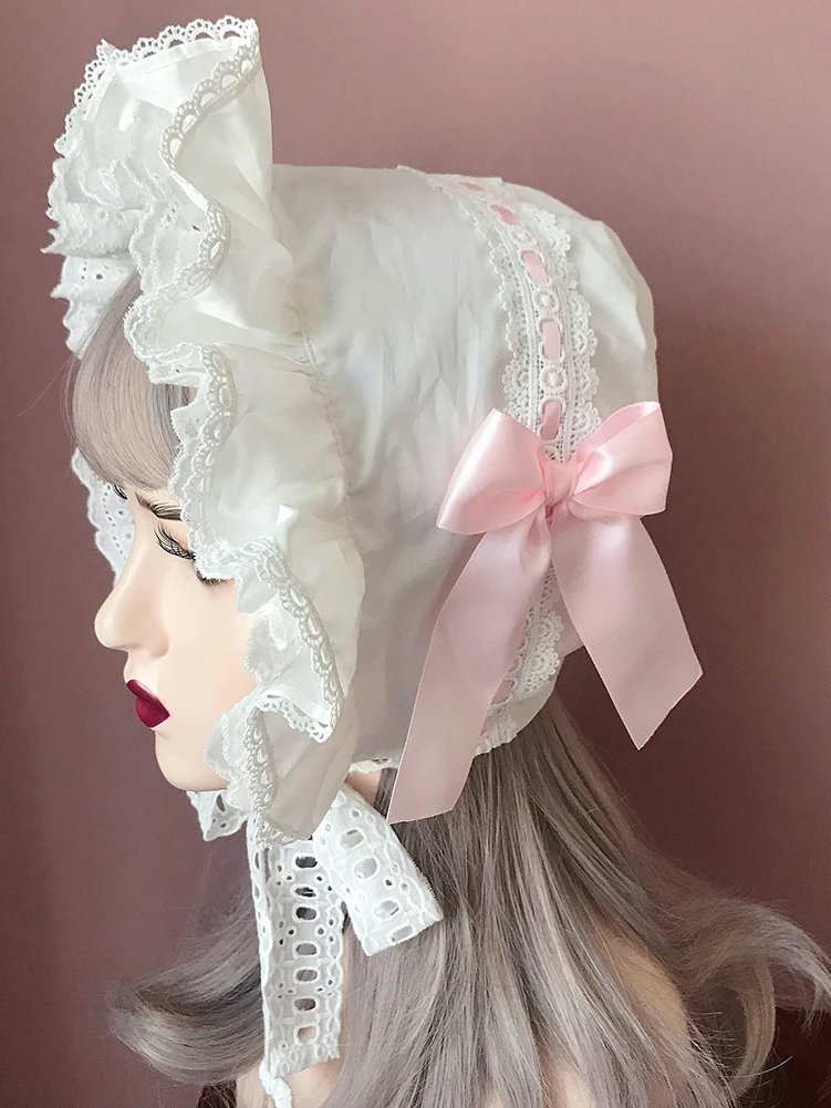 

Cute Pure Lace Sleeping Hat French Vintage Countryside Women Pilgrim Victorian Bonnet Lolita Vintage Ruffles Maid Cosplay Hat