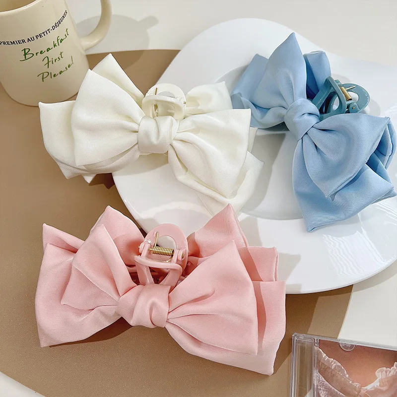 Korean Big Double Side Solid Satin Chiffon Plastic Hair Bows