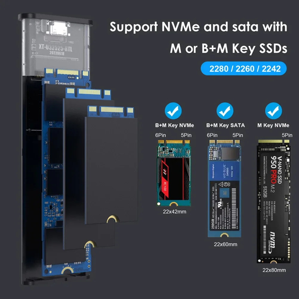 Dual Protocol M.2 NVMe SSD Case 10Gbps M.2 NVMe SSD Enclosure Adapter Tool Free for 2230/2242/2260/2280 M.2 SSD