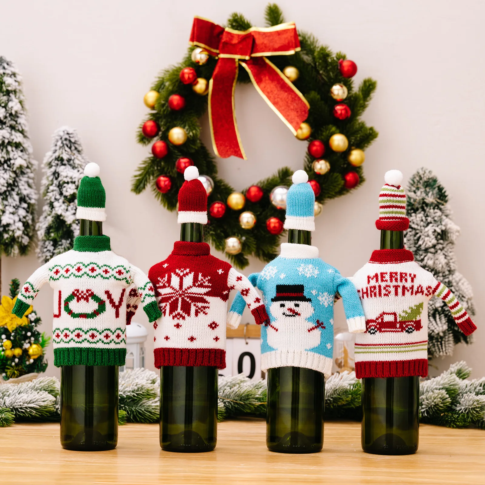 Creative Knitted Christmas Wine Bottle Set  Wine Bottle Covers Sleeve Santa Snowman Xmas New Year Navidad Dinner Table Decor
