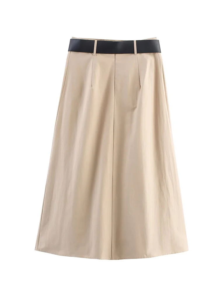 Women Autumn Skirt With Belt Fashion High Street Ladies High Waist Pleated A-line Long Skirt Female Elegant Leisure 2025 New