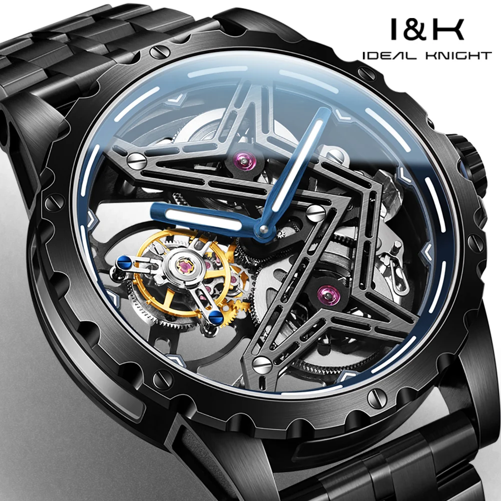 IDEAL KNIGHT 6803 Real Tourbillon Men's Watches The Great Wall Series Fully Transparent Skeleton Flywheel Mechanical Man Watch