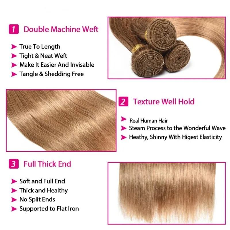 Human Hair Extensions #27 Straight Human Hair Bundles 3 Bundles 8-26 Inch 100g/Bundle Brazilian Virgin Honey Blonde Weave