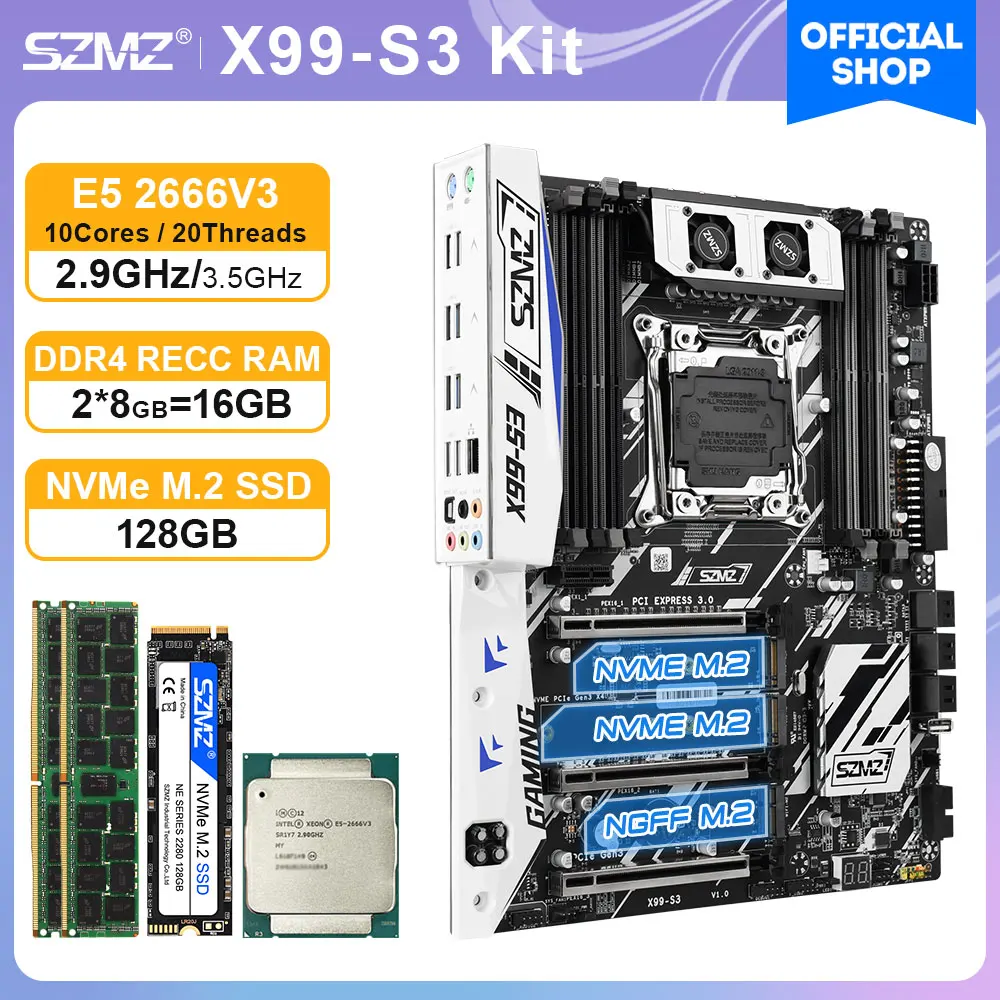 Набор игровой материнской платы SZMZ X99 и процессор xeon e5 2666 v3 + Память DDR4 16 ГБ 128 NVMe M.2