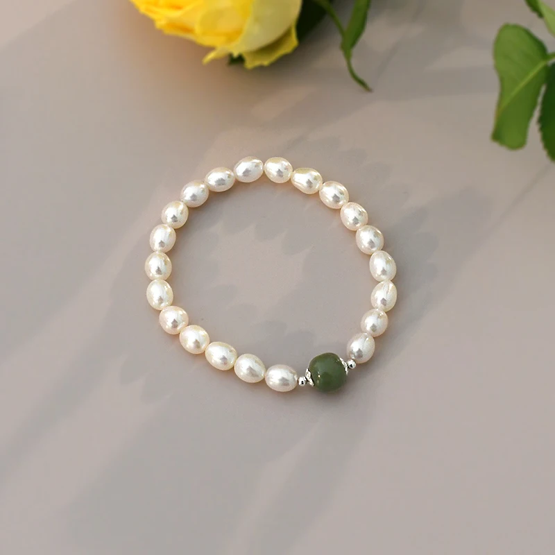 ASHIQI Natural Nephrite Freshwater Pearl 925 Sterling Silver Elastic Rope Bracelet Fashion Jewelry for Women