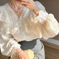 Elegant Vintage French Lace Long Sleeve Blouse - Chic Office Lady Fashion Top - M (Apricot)
